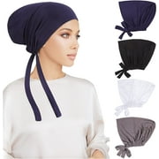 4 Pack Women Under Scarf Hat Hijab Cap Islamic Muslim Underscarf Turban Beanie Cap with Tie Back Closure